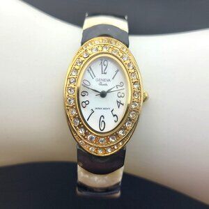 Geneva Quartz Womens Watch New Battery Black & White Band Gold Tone Case Crystal